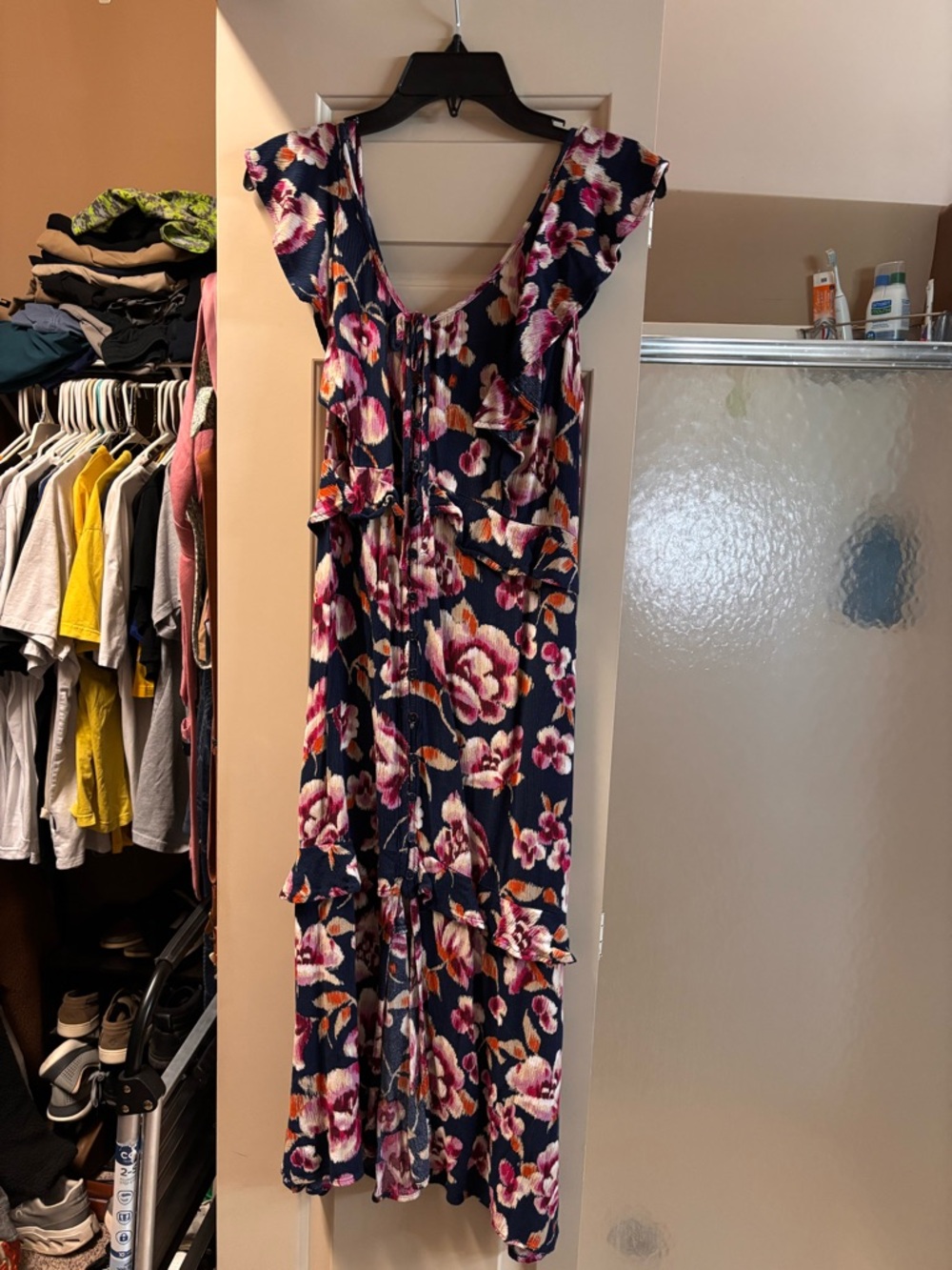 Floral Ruffle Sleeve Dress in Navy and Pink